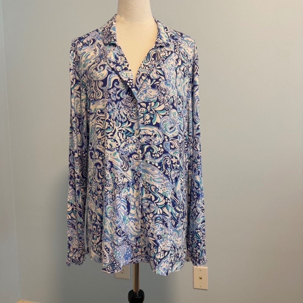 Lilly Pulitzer Women’s Blue Floral Paisley Ruffle PJ Button Shirt Top Size XL